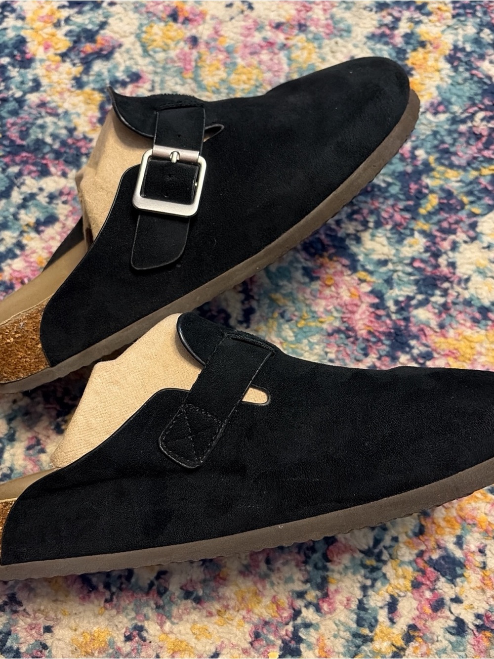 Womens Black Suede Slip-On Clog with Buckle